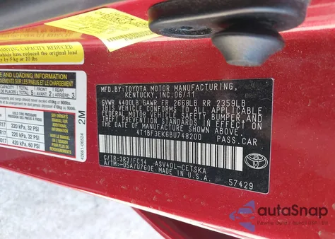 2011 Toyota Camry Se from USA, damaged, VIN 4T1BF3EK6BU748200